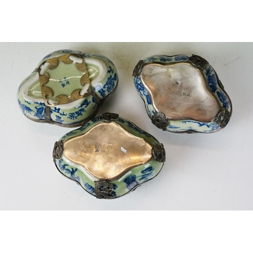 70 - Group of Oriental glass & ceramics to include a set of three Chinese ceramic boxes with white metal ... 