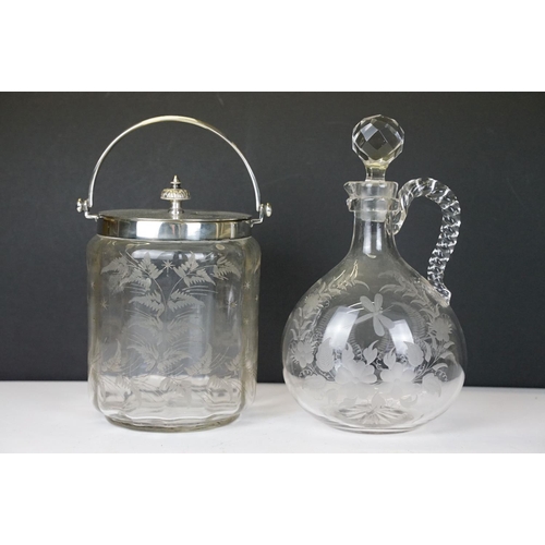 75 - 19th century glass biscuit barrel with silver plated lid, swing handle & etched fern decoration (gro... 