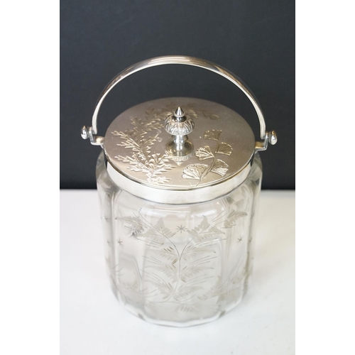 75 - 19th century glass biscuit barrel with silver plated lid, swing handle & etched fern decoration (gro... 