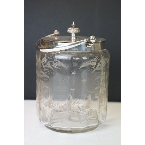 75 - 19th century glass biscuit barrel with silver plated lid, swing handle & etched fern decoration (gro... 