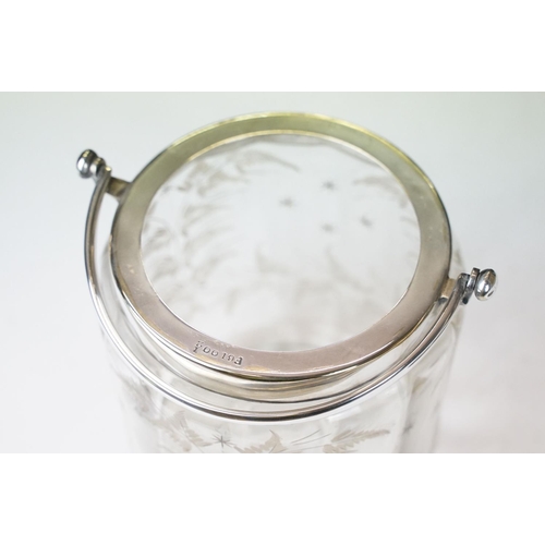 75 - 19th century glass biscuit barrel with silver plated lid, swing handle & etched fern decoration (gro... 