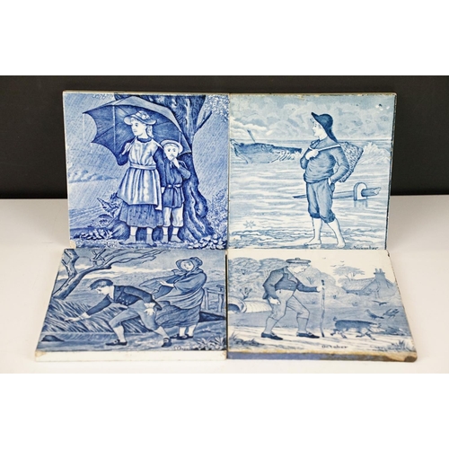 9 - Four 19th Century Wedgwood blue & white month tiles, to include March (double-sided), April, October... 