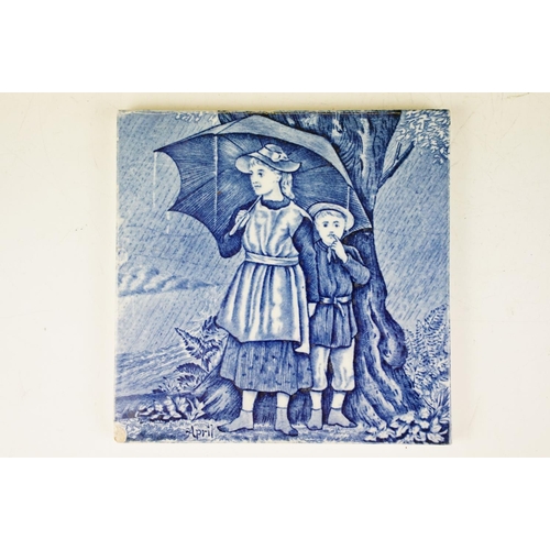 9 - Four 19th Century Wedgwood blue & white month tiles, to include March (double-sided), April, October... 