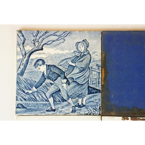 9 - Four 19th Century Wedgwood blue & white month tiles, to include March (double-sided), April, October... 