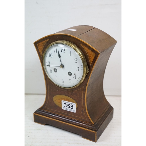 358 - Early 20th C mahogany mantel clock of concave form, with boxwood stringing and shell inlay, with a F... 