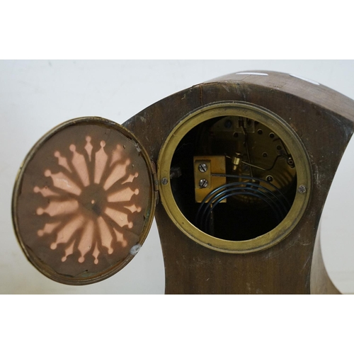 358 - Early 20th C mahogany mantel clock of concave form, with boxwood stringing and shell inlay, with a F... 