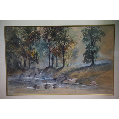 440A - English School, stream with trees beside, watercolour heightened with white, 13.5 x 21.5cm, framed a... 