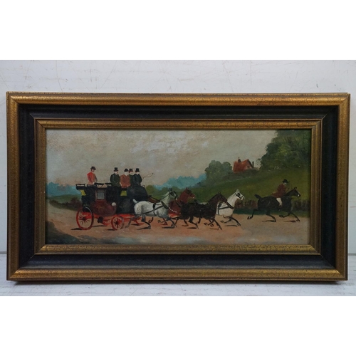 451 - English School, horses pulling a carriage through water, oil on panel, indistinctly inscribed lower ... 