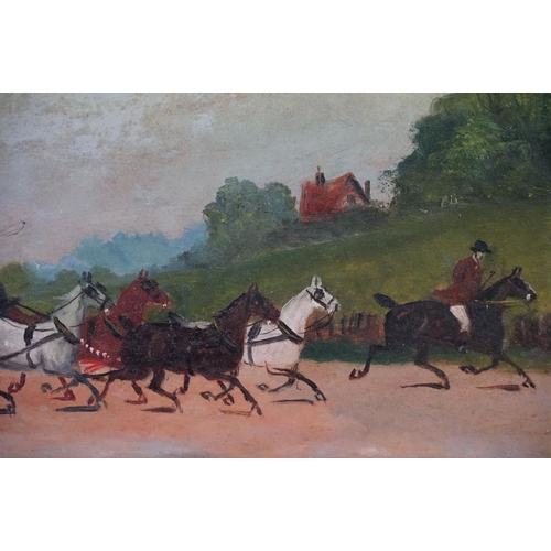 451 - English School, horses pulling a carriage through water, oil on panel, indistinctly inscribed lower ... 