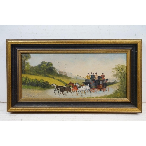 451 - English School, horses pulling a carriage through water, oil on panel, indistinctly inscribed lower ... 