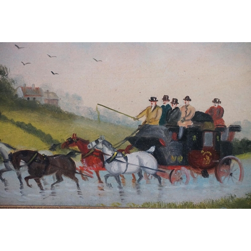 451 - English School, horses pulling a carriage through water, oil on panel, indistinctly inscribed lower ... 