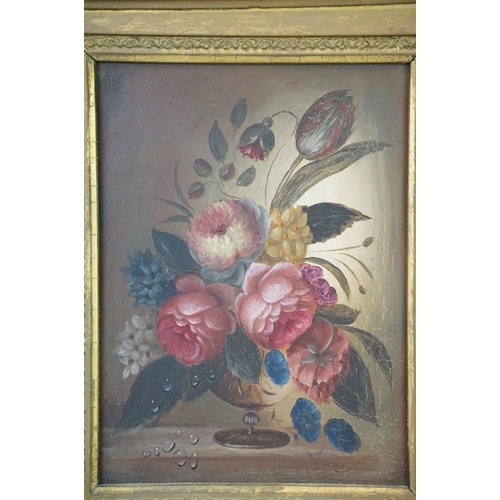 453 - English School, still life goblet of flowers, oil on panel, 19.5 x 14.5cm, gilt framed