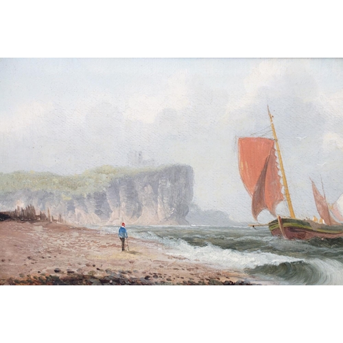 459 - H Cook, figure on a beach with sailing boats at sea, oil on canvas, signed lower right and indistinc... 