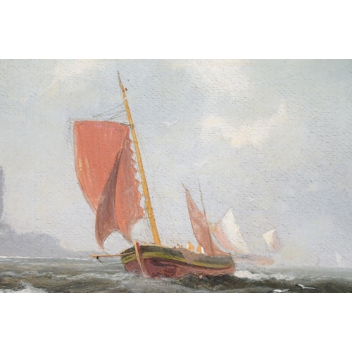 459 - H Cook, figure on a beach with sailing boats at sea, oil on canvas, signed lower right and indistinc... 