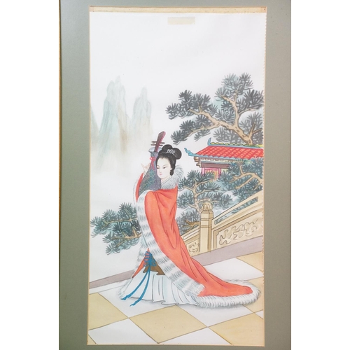 460 - Pair of 20th Century Chinese water colour paintings on silk together with a pair of wood block print... 