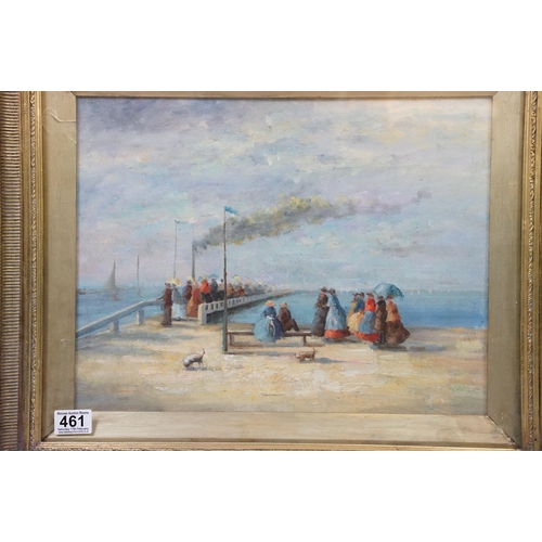 461 - Gilt framed Impressionist oil painting scene with Victorian figures on a pier awaiting steam ship, 3... 