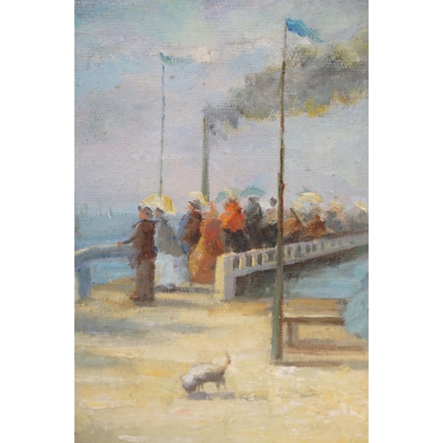 461 - Gilt framed Impressionist oil painting scene with Victorian figures on a pier awaiting steam ship, 3... 