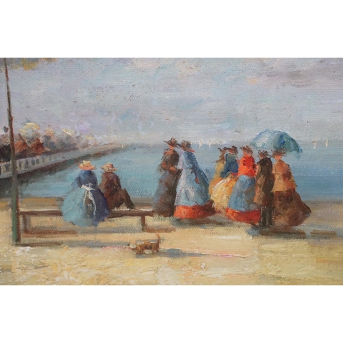 461 - Gilt framed Impressionist oil painting scene with Victorian figures on a pier awaiting steam ship, 3... 