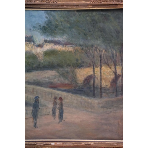 470 - Early 20th century oil on canvas, city view through woods with figures in foreground, 43 x 35cm, gil... 