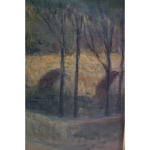 470 - Early 20th century oil on canvas, city view through woods with figures in foreground, 43 x 35cm, gil... 