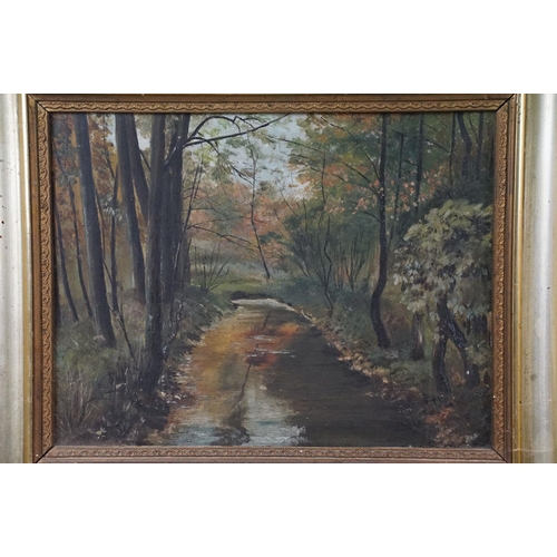 471 - Five 20th Century framed and glazed pictures to include; unsigned oil on board landscape scene, hand... 