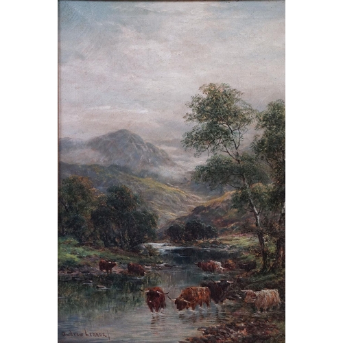 472 - Andrew Lennox (19th / 20th century), Scottish landscape with Highland cattle in a river, oil on canv... 