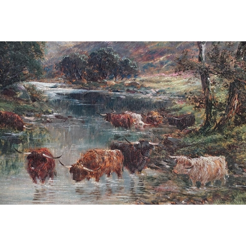 472 - Andrew Lennox (19th / 20th century), Scottish landscape with Highland cattle in a river, oil on canv... 