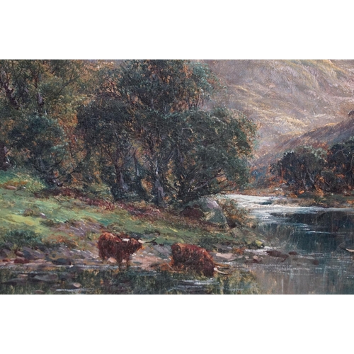 472 - Andrew Lennox (19th / 20th century), Scottish landscape with Highland cattle in a river, oil on canv... 