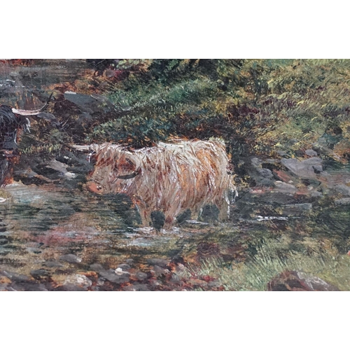 472 - Andrew Lennox (19th / 20th century), Scottish landscape with Highland cattle in a river, oil on canv... 