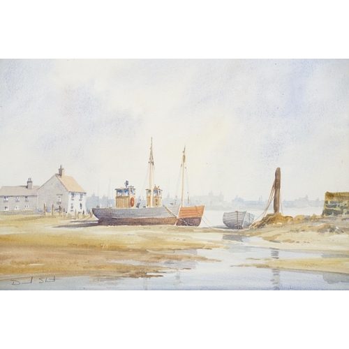 475 - English School, boats in harbour, watercolour, indistinctly signed lower left, 35 x 50cm, framed and... 