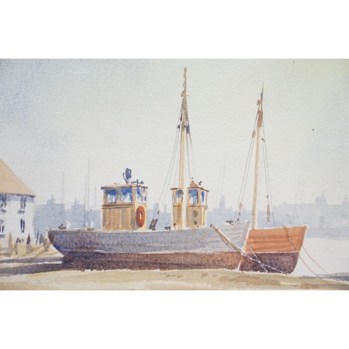 475 - English School, boats in harbour, watercolour, indistinctly signed lower left, 35 x 50cm, framed and... 