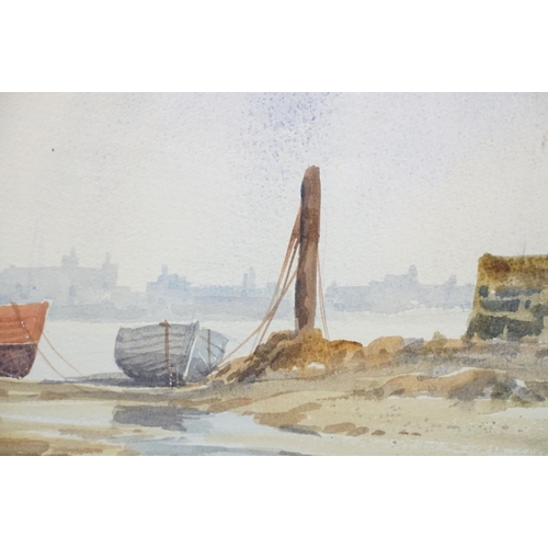 475 - English School, boats in harbour, watercolour, indistinctly signed lower left, 35 x 50cm, framed and... 