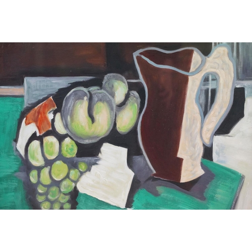 476 - A studio framed still life oil on canvas of fruit and a jug on a table setting, 48 x 57cm, framed an... 