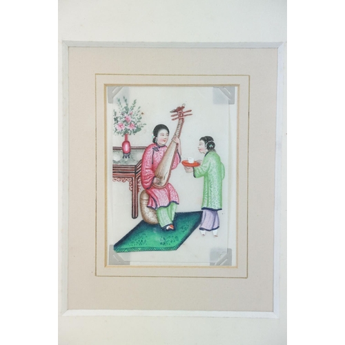 478 - A fine Chinese watercolour miniature portrait of a lady with musical instrument and maid servant, 11... 