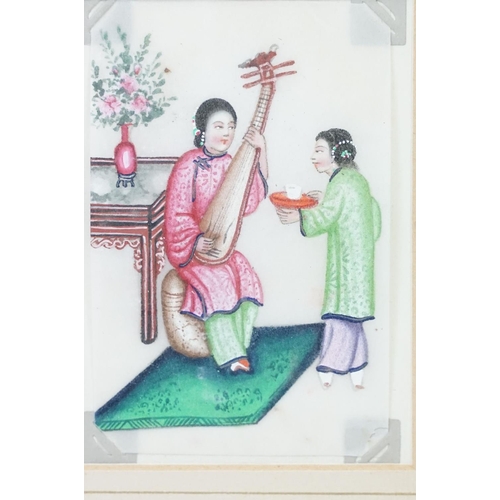 478 - A fine Chinese watercolour miniature portrait of a lady with musical instrument and maid servant, 11... 