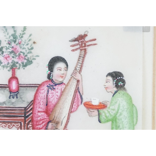 478 - A fine Chinese watercolour miniature portrait of a lady with musical instrument and maid servant, 11... 