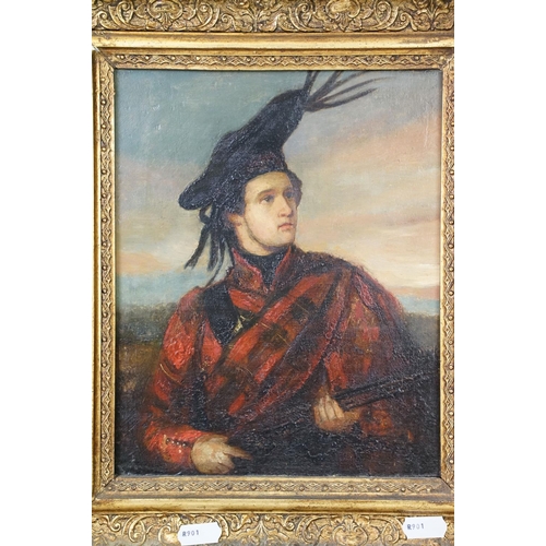 479 - Scottish School, portrait of a Scottish hunter holding a gun, oil on board, 24 x 19,5cm, gilt framed