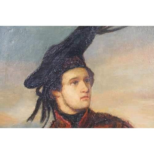 479 - Scottish School, portrait of a Scottish hunter holding a gun, oil on board, 24 x 19,5cm, gilt framed