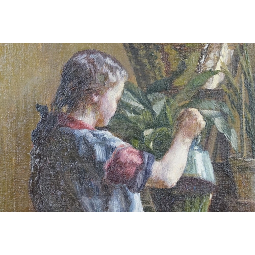 484 - Sophus Vermehren (1866 - 1950), young girl watering flowers in interior, oil on canvas, initialled l... 