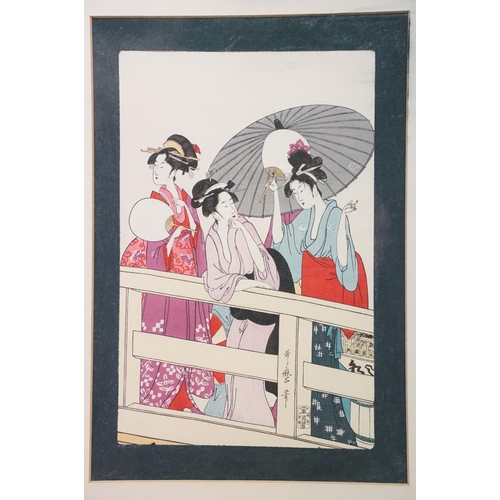 485 - Kitagawa Utamaro - A pair of framed Japanese woodblock prints including Geishas on a bridge and a mo... 