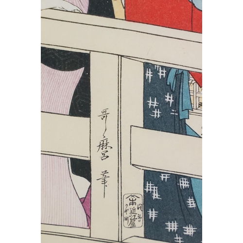 485 - Kitagawa Utamaro - A pair of framed Japanese woodblock prints including Geishas on a bridge and a mo... 