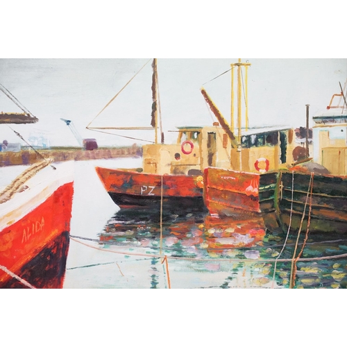 486 - K R Davies, 20th century, oil on board, fishing boats in Newlyn Harbour, 33.5 x 46cm, framed