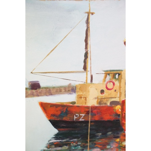 486 - K R Davies, 20th century, oil on board, fishing boats in Newlyn Harbour, 33.5 x 46cm, framed