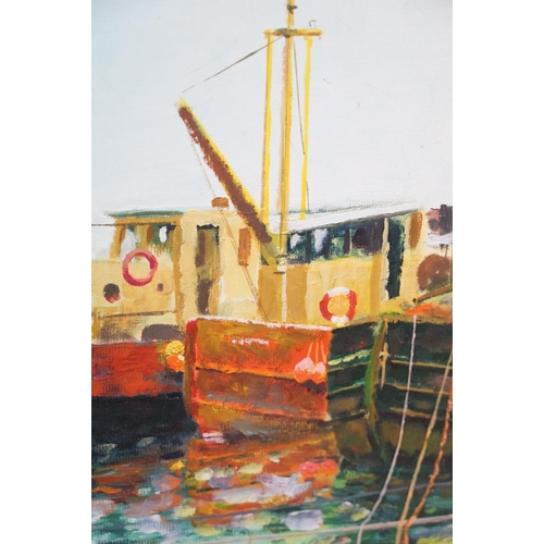 486 - K R Davies, 20th century, oil on board, fishing boats in Newlyn Harbour, 33.5 x 46cm, framed