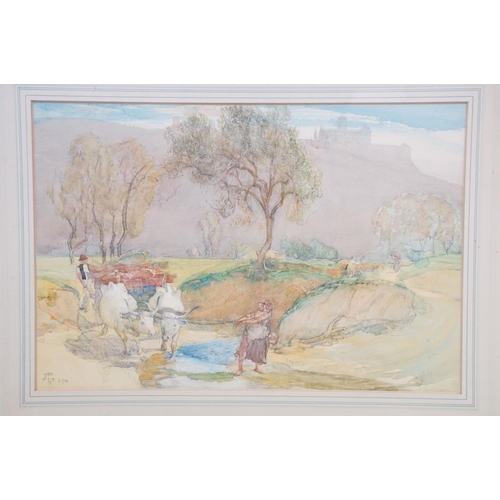 487 - Joseph Walter West (1860-1933) driving cattle, watercolour and pencil, signed with monogram and insc... 