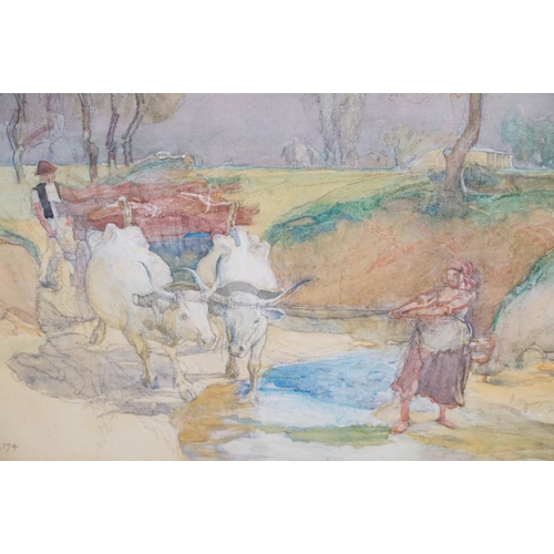 487 - Joseph Walter West (1860-1933) driving cattle, watercolour and pencil, signed with monogram and insc... 