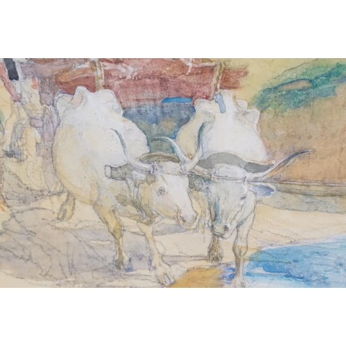 487 - Joseph Walter West (1860-1933) driving cattle, watercolour and pencil, signed with monogram and insc... 