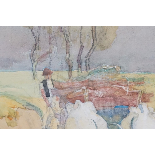 487 - Joseph Walter West (1860-1933) driving cattle, watercolour and pencil, signed with monogram and insc... 