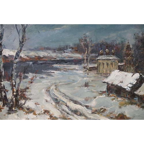 490 - Russian School, oil on board, a snow clad river and country landscape with dwellings, having Russian... 