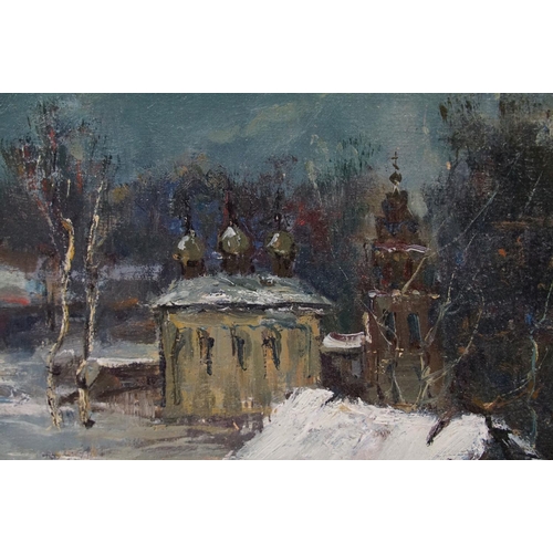 490 - Russian School, oil on board, a snow clad river and country landscape with dwellings, having Russian... 